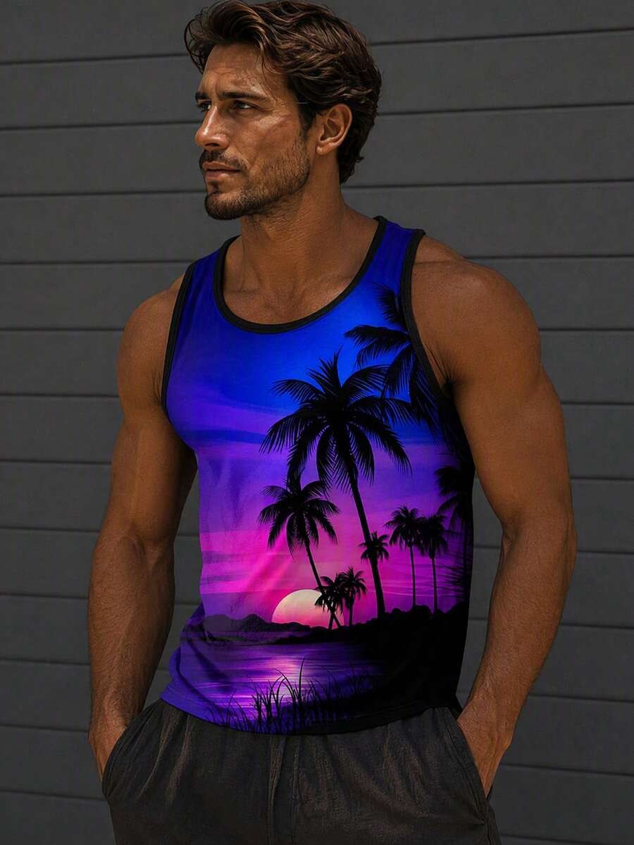 Tank Top Kasual Pria Motif Pohon Kelapa, Cocok untuk Sehari-hari, Liburan, Pantai, Musim Panas - MultiWarna - View 1