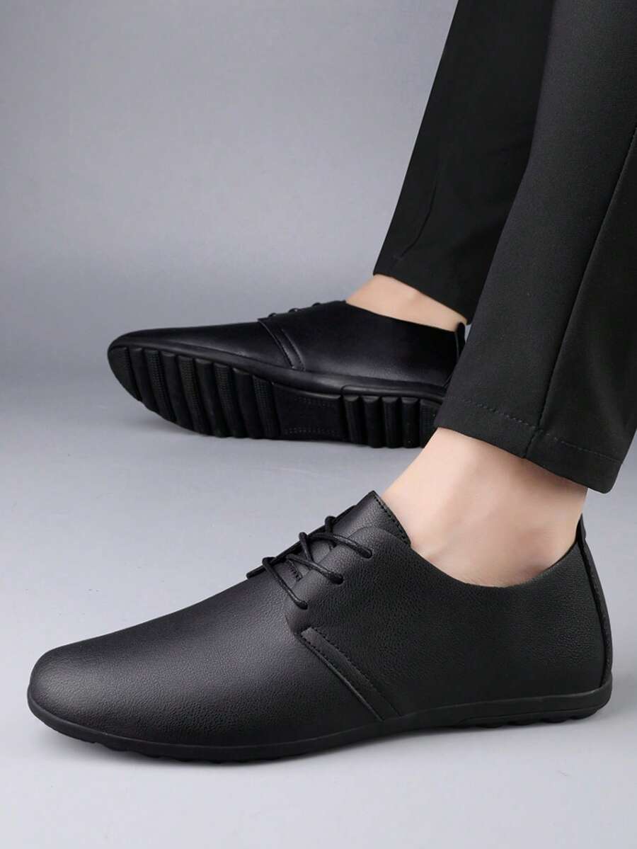 Men's Black Commuter Microfiber Leather Lace-Up Loafers, Outdoor Spring/Autumn, Non-Slip, Wear-Resistant - Black - View 1