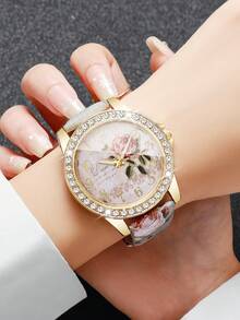 Vintage Style Women's Wristwatch With Rhinestone Case, Rose Dial, Floral Print PU Leather Strap, Quartz Watch, Gift For Girlfriend (1pc/Set) Watch Box Not Included, Note: The Print Position On The Strap Is Random And Cannot Be Consistent! - Grey - View 5