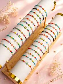 10pcs Colorful Daisy Beaded Adjustable Rope Bracelet Set, Bohemian Style Summer Handmade Woven Women's Daily Jewelry Gift - Small Flower Rice Bead Drawstring Bracelet - View 1