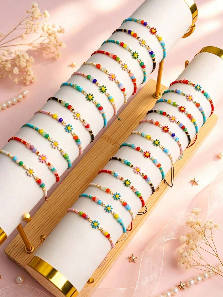 10pcs Colorful Daisy Beaded Adjustable Rope Bracelet Set, Bohemian Style Summer Handmade Woven Women's Daily Jewelry Gift - Small Flower Rice Bead Drawstring Bracelet - View 1