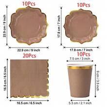 10/20/50/80 Pcs,Neutral Brown Gold Foil Wavy Edge Disposable Tableware,Boho Taupe Scalloped 7 Inch & 9 Inch Paper Plates,Cups And Napkins With Golden Rim,Simple Chic Table Supplies For Tea Party,Family Gathering,BabyShower,Birthday Party,Wedding - Brown - View 10