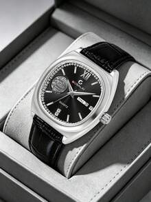 GUSALAI Men's Barrel-Shaped PU Leather Watch With Rhinestone Roman Dial, Dual Calendar, Vintage Quartz Wristwatch For Daily Wear And Holiday Gift - one-size - View 16