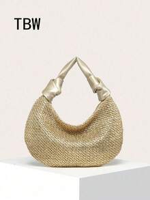 Women's Crescent-Shaped Handbag, Gold Color, Double-Knot Design, Made Of Woven Straw And PU Material, Lightweight And Fashionable Minimalist, Suitable For Outings - Gold - View 1