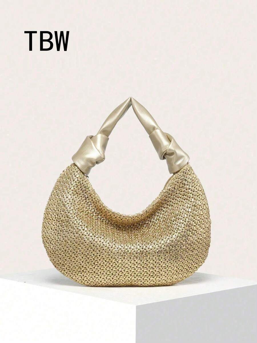 Women's Crescent-Shaped Handbag, Gold Color, Double-Knot Design, Made Of Woven Straw And PU Material, Lightweight And Fashionable Minimalist, Suitable For Outings - Gold - View 1