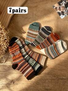 7 Pairs Vintage Patterned Men's Mid-Calf Socks, Suitable For Basic Autumn Outfits, Gift Idea - Multicolor - View 2