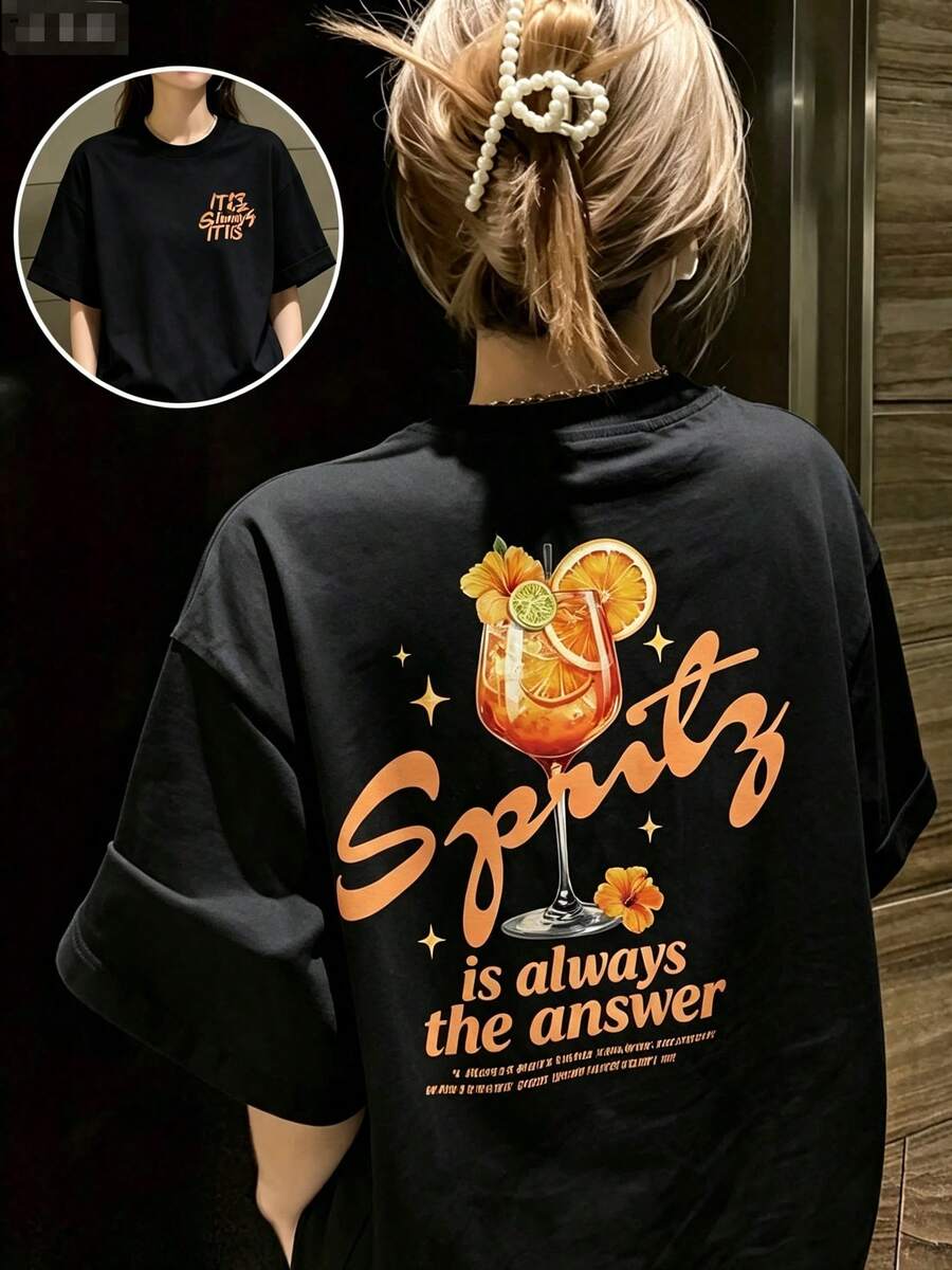 Vintage Lang K T-Shirt With Watercolor Floral And Wine Motif, Splash-Print Slogan, Crew Neck, Short Sleeves, Solid Color, Casual, An Summer Must-Have. - Black - View 1