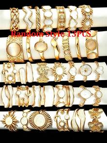 Random Style 21/13/7pcs Simple Fashion Drip Oil Sunflower Heart Flower Star Moon Multi-Element Ring Set For Women Sisters Vacation Date Gift Daily Casual Party Wedding Matching - Yellow Gold - View 10
