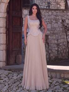 Faeriesty Luxury Elegant Beaded & Sequined Pleated Long Formal Evening Gown Party Wedding Fall - Champagne - View 5