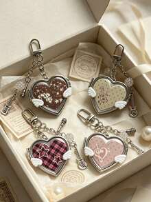 1Pc Korean Ancient Love Small Wing Mirror, Bag Hanging Ins Style Note Guitar Pendant Keychain, Y2K Portable Heart Shaped Small Mirror Key Chain - Multicolor - View 4