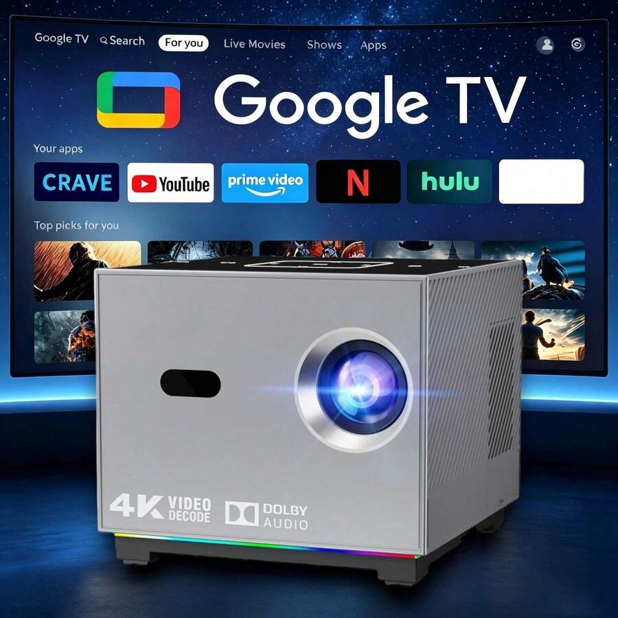 AOC Mini Smart Full HD Projector, Native 720P Support 8K, Portable Projector with WiFi 6 & Wireless 5.2, Featuring Android 13.0, with RGB Lighting Effect, for Bedroom Home Entertainment, Projector for Phone or Tv