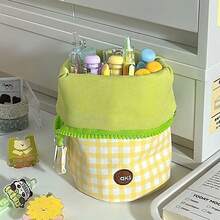 1pc Cream Yellow Plaid 3D Heavy-Duty Pencil Case, Fresh Embroidered Cartoon Animal Pattern, Contrast Fluorescent Green Zipper Design, Fluffy Padded Fabric, Vertical Cup-Shaped Structure, Expanded Storage For Various Writing Tools. Korean-Style Gentle Healing Art Style, Suitable For Students' Daily Schoolwork, Also Can Store Makeup Accessories, Neat And Sturdy Stitching, Compact And Portable, Desk Atmosphere Essential, Perfect For Personal Use Or Gifting To Classmates. - Multicolor - View 4
