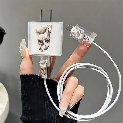 3pcs White Horse Design Transparent Charger Protective Case, Anti-Breakage Cable Organizer, Compatible With Iphone 20W/18W Charger