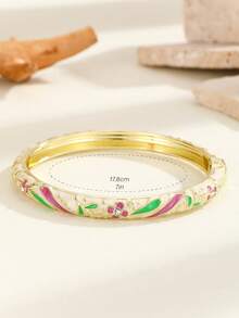 1pc Fashion New Style Gold Plated Exquisite Floral Enamel Cloisonne Bangle Hinged Cuff Rhinestone Jewelry Gift For Women - Hot Pink - View 5