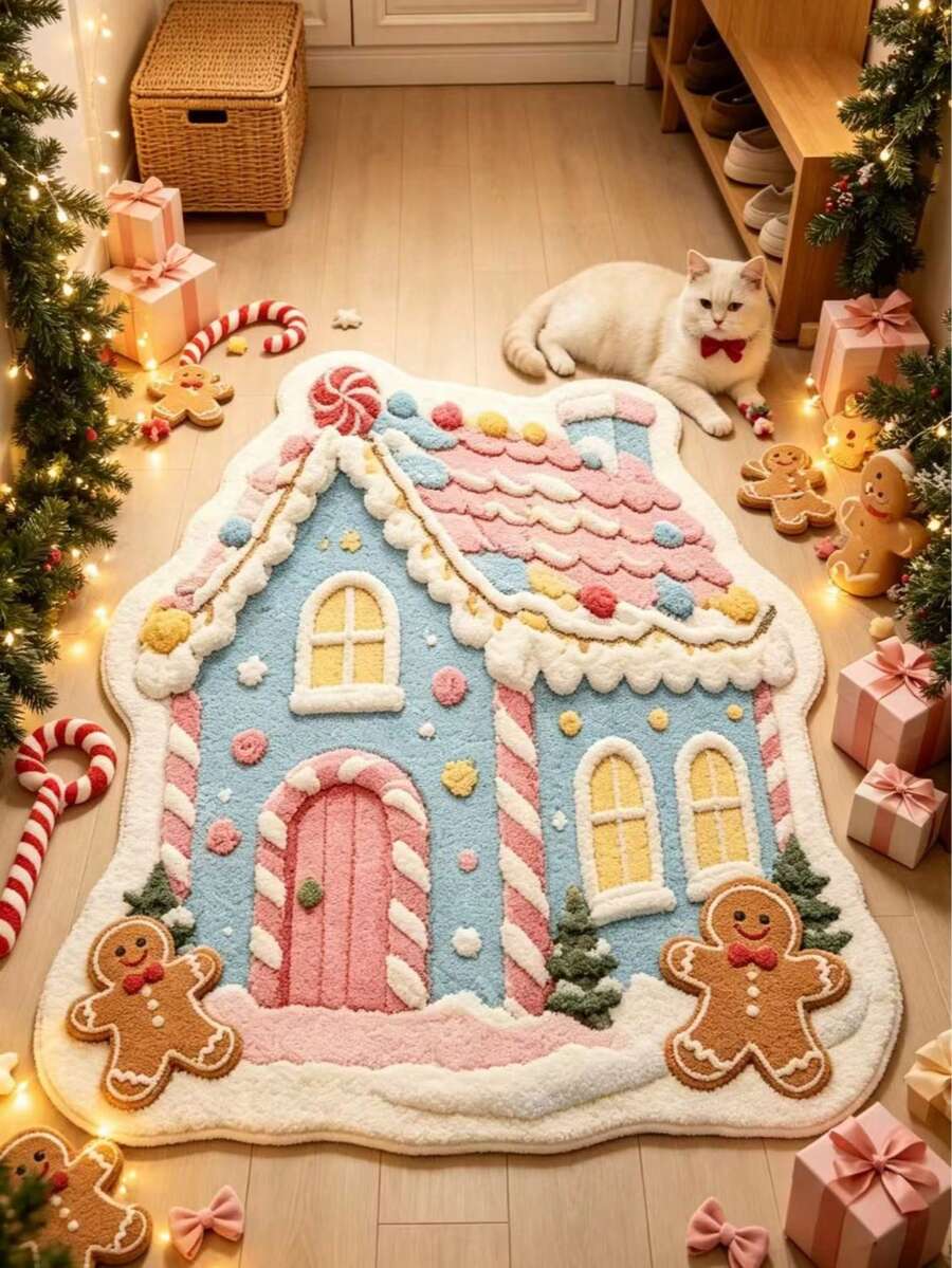1 pieza Alfombra con forma de casa de hombre de jengibre rosa navideño, estilo lindo y curativo, Navidad, alfombra engrosada, alfombra gruesa, alfombra esponjosa, alfombra de otoño/invierno, alfombra engrosada, alfombra decorativa, decoración de dormitorio, alfombra pequeña, alfombra - Multicolor - Ver 1