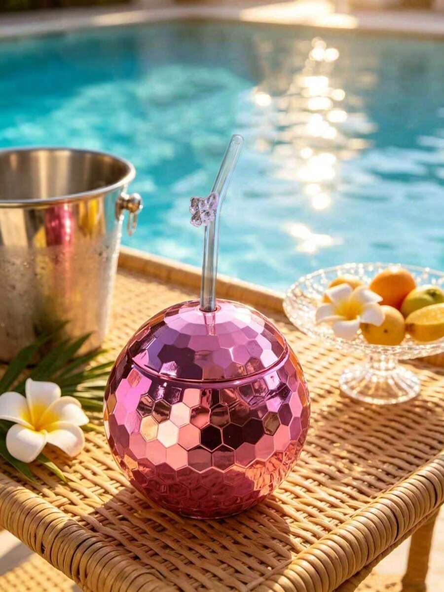 1pc/5pcs Creative Round Glitter Ball Cup, Valentine's Day Single Layer Spherical Straw Cup, Party Disco Fashion Plastic Cup, Suitable For Party, Holiday Gathering, Iced Coffee, Juice, Sisterhood Gathering - Multicolor - View 1