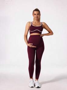 Maternity High Waist Seamless Elastic Solid Color Leggings, Suitable For Casual Daily Wear Spring - Burgundy - View 3