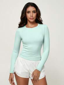 Women's Solid Long Sleeve Slimming T-Shirt Stretchy Yoga Top Casual Fall Winter Basic Gym Pilates Workout - Mint Blue - View 6