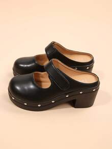 Solid Color Rivet Thick Sole Mule Slippers Women's Minimalist Closed Toe Backless Casual Slouchy High Heel Half-Slip Shoes - Black - View 2