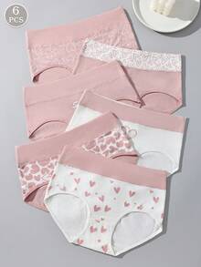 6pcs Pink Heart Print High Waist Cotton Women's Triangle Panties, Comfortable Bodycon Underwear - Multicolor - View 4