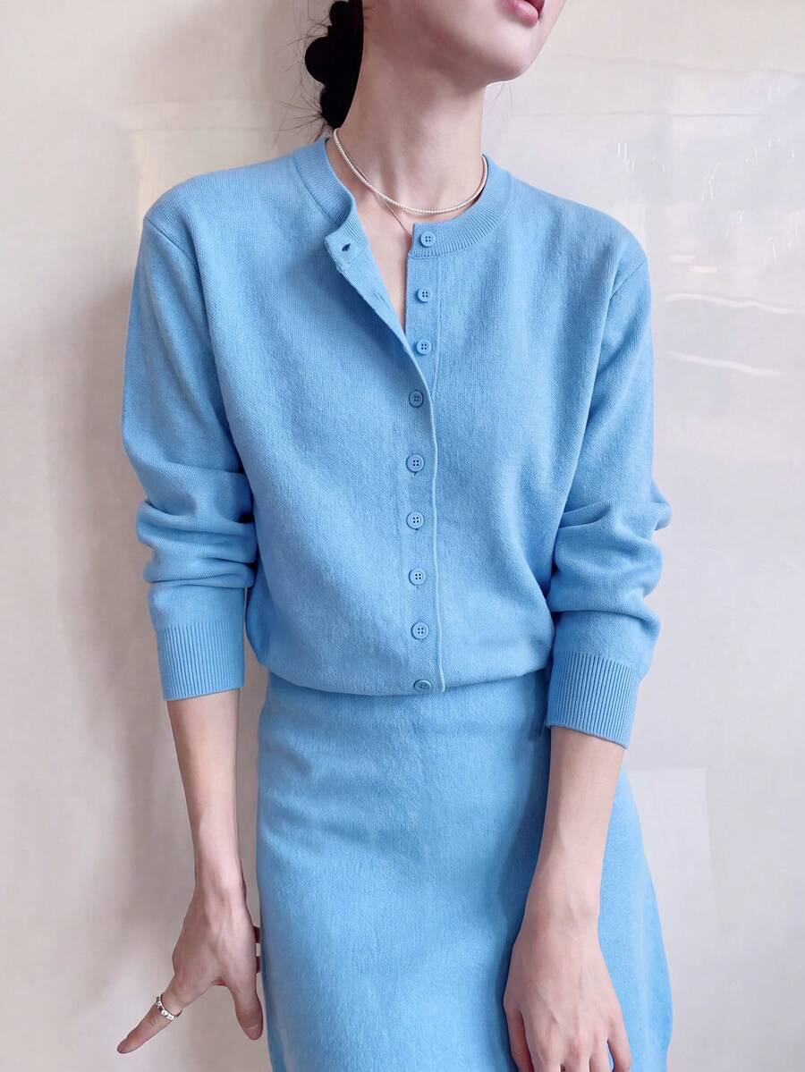Bộ 2 món áo cardigan và chân váy nữ phong cách tối giản thường ngày cho mùa thu/đông - Màu xanh lam - Xem 1
