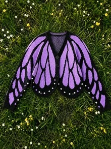 Butterfly Cape Halloween Knit Button Cardigan, Vibrant Contrast Color Crochet Jacquard Design, Loose Batwing Long Sleeve Shawl Visual Sweater, Spring/Autumn Atmospheric Outerwear Cardigan, Slim Fit Bright Premium Sweater - Purple - View 2