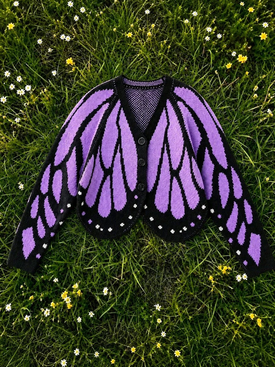 Butterfly Cape Halloween Knit Button Cardigan, Vibrant Contrast Color Crochet Jacquard Design, Loose Batwing Long Sleeve Shawl Visual Sweater, Spring/Autumn Atmospheric Outerwear Cardigan, Slim Fit Bright Premium Sweater