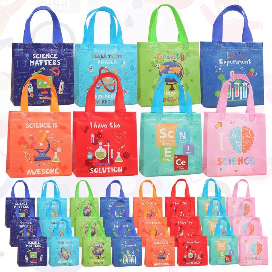 CARRIECUR 8/16/24Pcs Science Themed Reusable Non-Woven Gift Tote Bags, 8 Styles Lab Beaker Microscope Atom Print Goodie Bags With Handles, Science Birthday Party Favor Gift Packaging Supplies - View 1