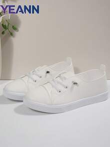 Sepatu Sneakers Wanita Terbaru Musim Semi/Gugur, Nyaman, Ringan, Serbaguna, Bertali, Ujung Bulat, Bahan Kain Putih - Putih - View 6