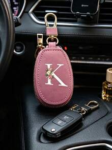 Multifunctional Key Case, Decorated With Fashionable Pink Flower And White Letter A-Z Pattern, Pink Keychain. Zipper Keychain, Flower Pattern Design, Zipper Storage Bag, Car Key Storage Bag, Car Key Chain, Compact Portable Key Bag Minimalist Design, Travel Accessory, Elegant Ornament, Suitable For Home, Office, Travel, Car, Men And Women, Perfect Gift For Friends, Family, Couples, Anniversary, Birthday, Wedding, Graduation, And Teacher's Day - Multicolor - View 5
