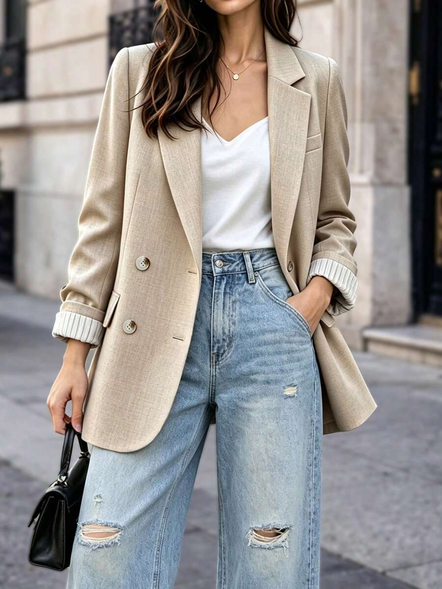 Women's High-Quality Dual-Color Faux Linen Fabric Double-Breasted Striped Lining Long Sleeve Blazer Jacket, Commuting & Casual, Spring/Autumn - Khaki - View 1