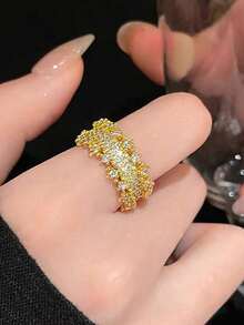 5pcs Fashionable Glamorous Cubic Zirconia Heart Rings Set Suitable For Women Party Wear (No Gift Box) - Yellow Gold - View 8