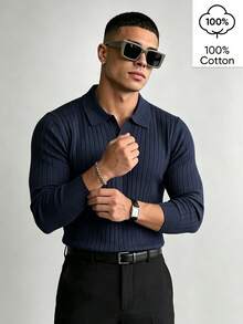 WAIT HIM 100% Cotton Men's Casual Solid Color Long Sleeve Ribbed Undershirt - Navy Blue - View 4