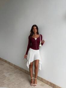 Sookaug Sexy Style Burgundy Ribbed Knit Slim Fit Elastic Bodycon Long Sleeve Base Layer Top For Women, Autumn/Winter New Design - Burgundy - View 4