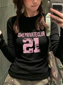 Women's Round Neck Long Sleeve T-Shirt, Spring/Autumn New Arrival Numeric & Letter Print, American Chic, Fashionable Casual Fitted Cropped Top Black - Black - View 6