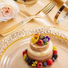 50/25/10/1pc Transparent Hammered Texture Double Gold Rim Plates, Transparent Bottom With Gold Rim, Elegant Dessert Plate, Pasta Plate, Pizza Plate, Cake Plate, Salad Plate, 7.5 Inch/10.25 Inch Size, Reusable And Easy To Clean, Suitable For Outdoor, Party, Birthday, Wedding And Holiday Gatherings - Clear - View 11