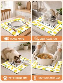 1pc Yellow Lemon Letter Pattern Dish Drying Mat, Fresh Summer Pastoral Style, Quick-Drying Absorbent Material, Fruit Text Print Design, Non-Slip Surface Protection, Suitable For Daily Kitchen, Dish Drying, Home Gatherings And Home Decor - Multicolor - View 7