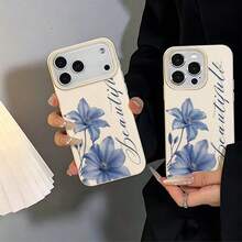 1pc TPU Material Fresh Elegant Blue Floral English Cursive Pattern Phone Case Compatible With IPhone 17 Pro Max/17/16 Pro Max/15/13/12/11/ S20 FE/A15/S24/A55/ Note 11/Note 12/Note 13 Pro Full Coverage Anti-Fall Soft Shell Phone Protective Cover - White - View 5