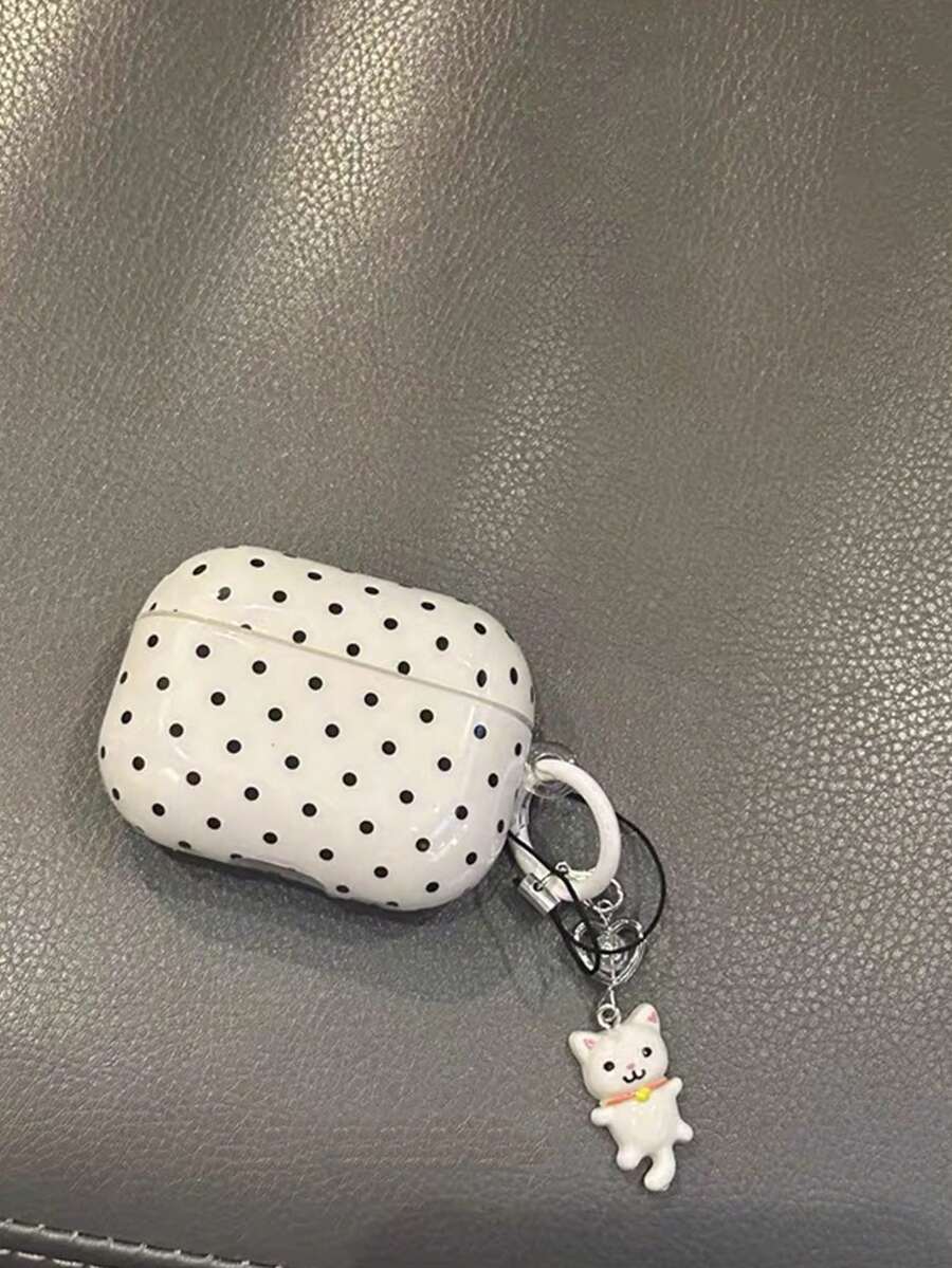 Pink Polka Dot Minimalist Design Earphone Case + Heart Cat Chain Strap Set Compatible With Apple Pro 2/ Pro/ 4/ 3/ 2 - White - View 1