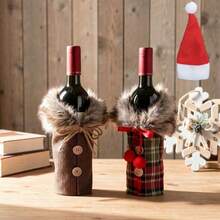 Rustic Vintage Style, Linen Fabric, Cylindrical Shape, Faux Fur Collar, Wooden Buttons And Pom Pom Decoration, Decorative And Protective Function, Wine Bottle Sleeve, Suitable For Christmas, Holiday Dinner, Home Kitchen, Party And Winter Scenes - View 10
