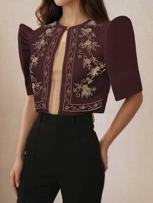 Modern Filipiniana Retro Floral Printed Puff Sleeve Blouse, Spring/Summer - Coffee Brown - View 1