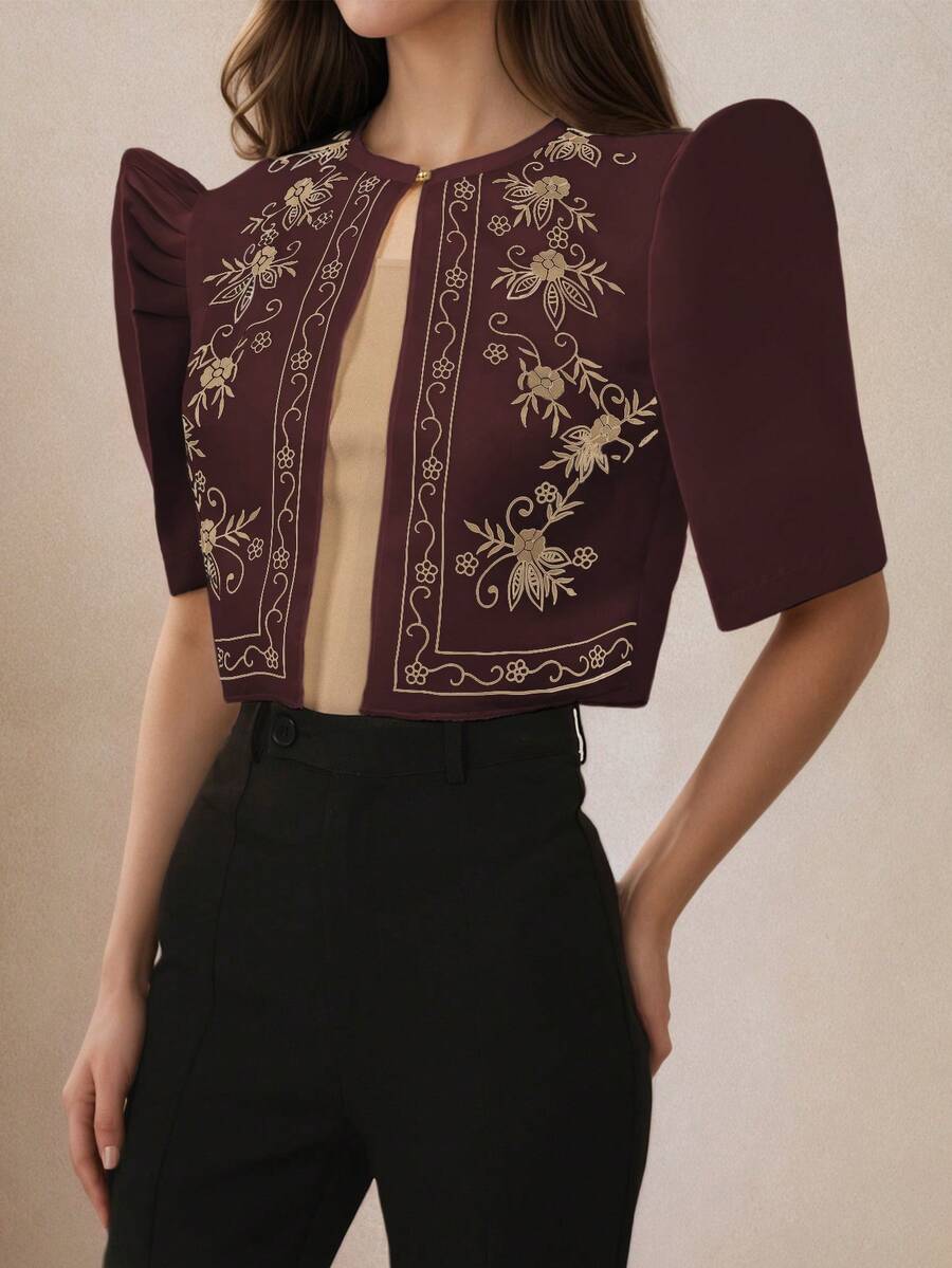 Modern Filipiniana Retro Floral Printed Puff Sleeve Blouse, Spring/Summer - Coffee Brown - View 1