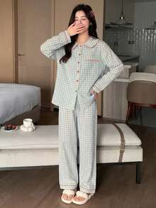 DAZY 2pcs Women Plaid Loose Long Sleeve Top And Pants Pajama Set, Comfortable Home Wear Suitable For Spring And Autumn - Multicolor - View 1