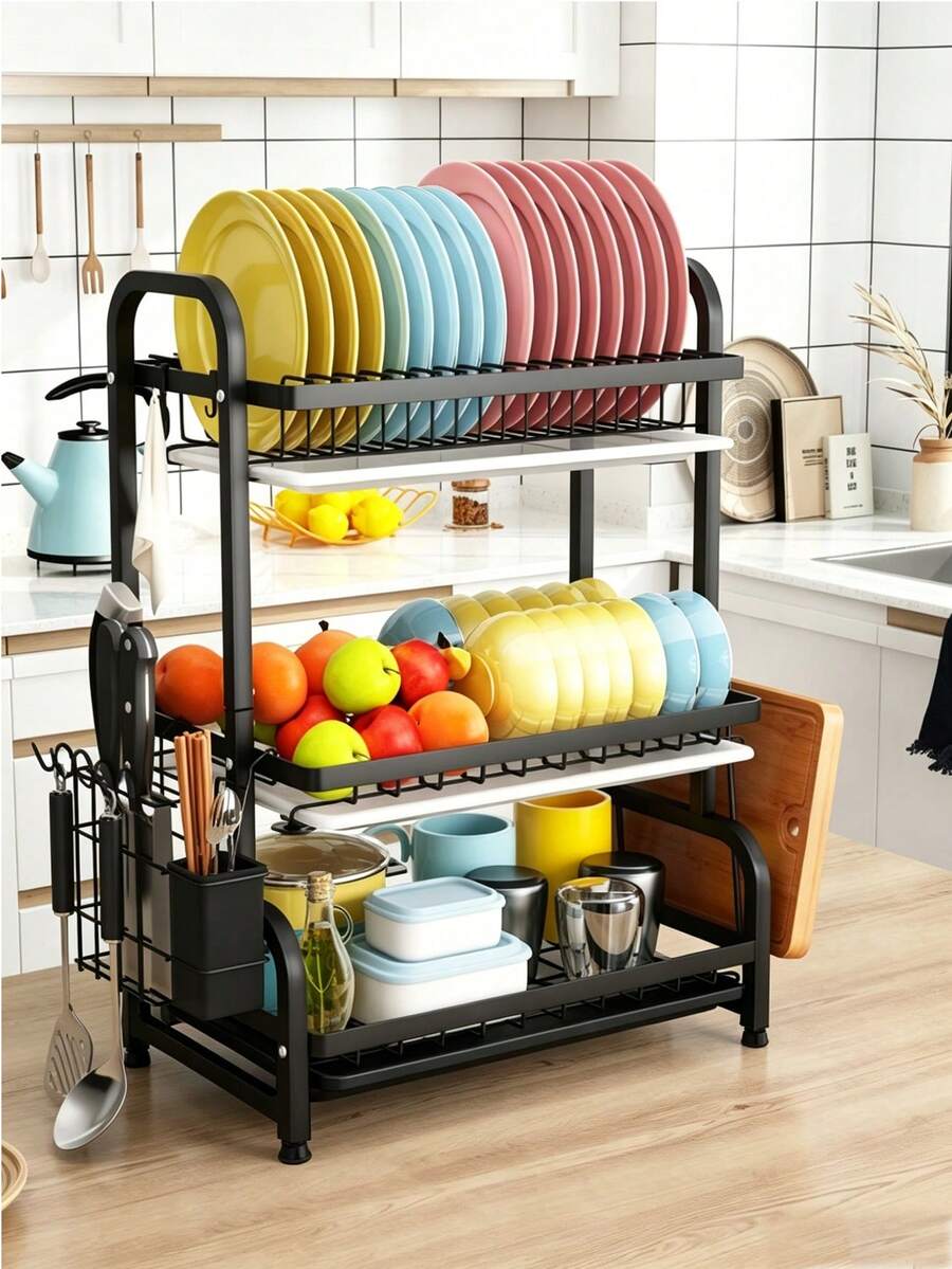 3-Tier Detachable Kitchen Dish Rack With Cutlery Holder And Plate Organizer, Carbon Steel Large Capacity Dish Drying Rack With Drip Tray, Rust-Proof Cup Bowl Drying Rack Set - Multicolor - View 1