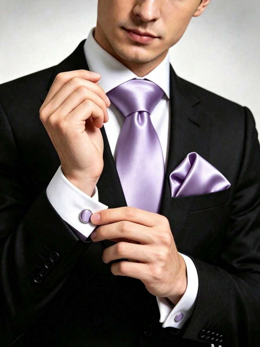1件裝 Barry Wang 男士絲綢領帶套組,金色與深綠色純色領帶、口袋巾、袖扣套組,適用婚禮、商務、宴會 - 淡紫色 - 查看 1