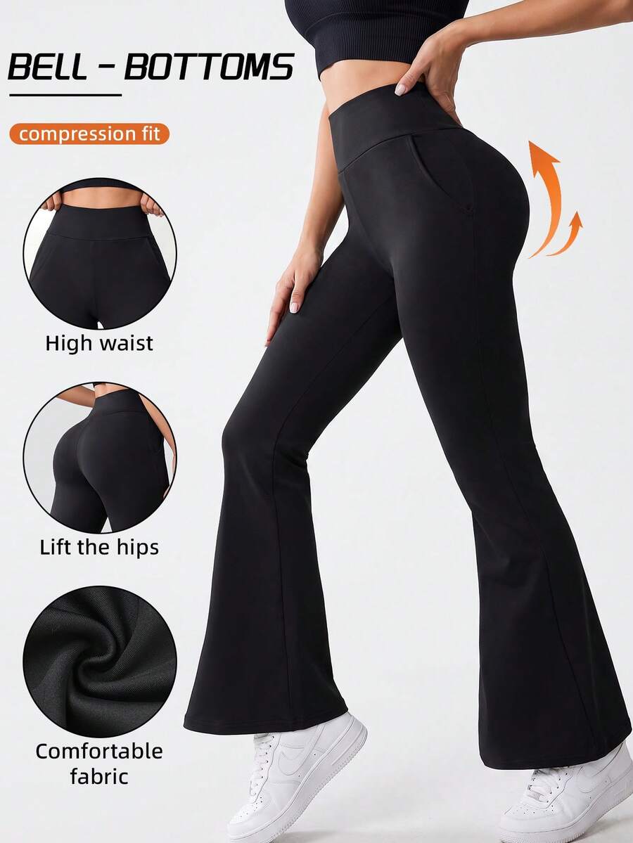 Women's High Waist Sweatpants Flare Leg Tummy Control Butt Lifting Outdoor Tight Wide Leg Pockets Pants Stretch Cargo Pants - Black - View 1