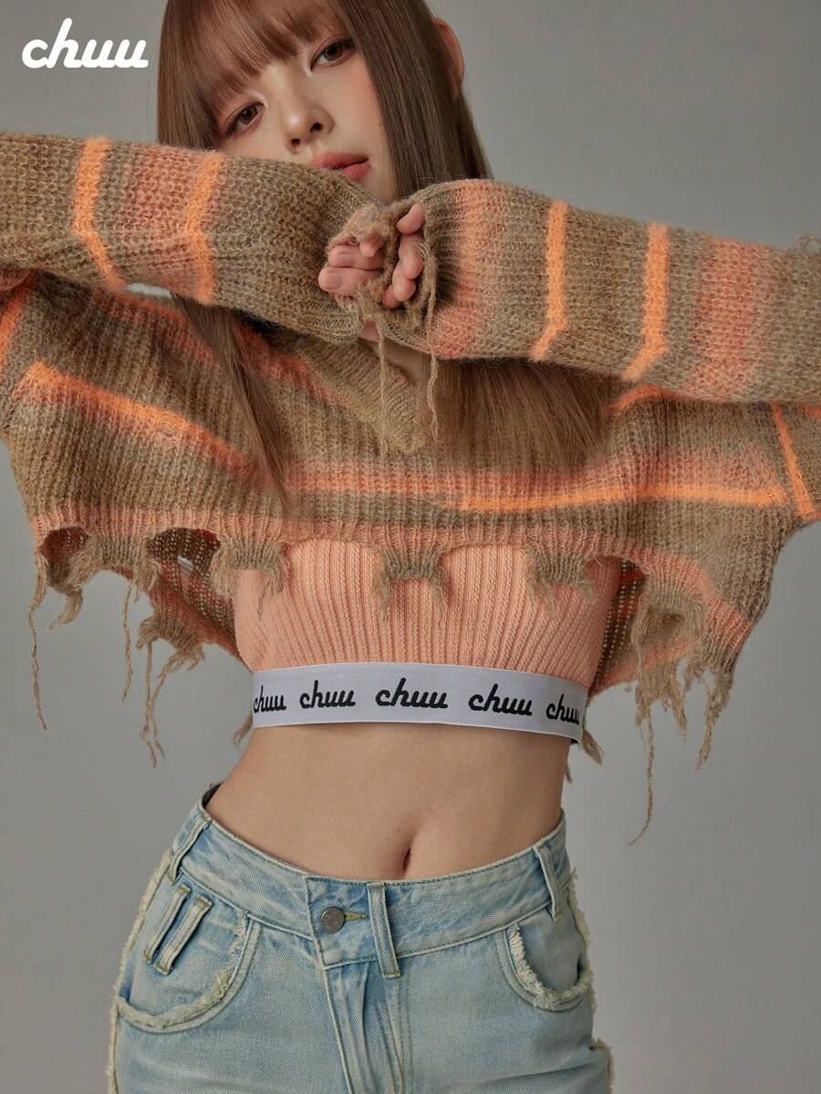 CHUU Colorful Striped Knit Sweater Women Autumn Sweet Cool Distressed Hollow Out Short Loose Top - Orange - View 1