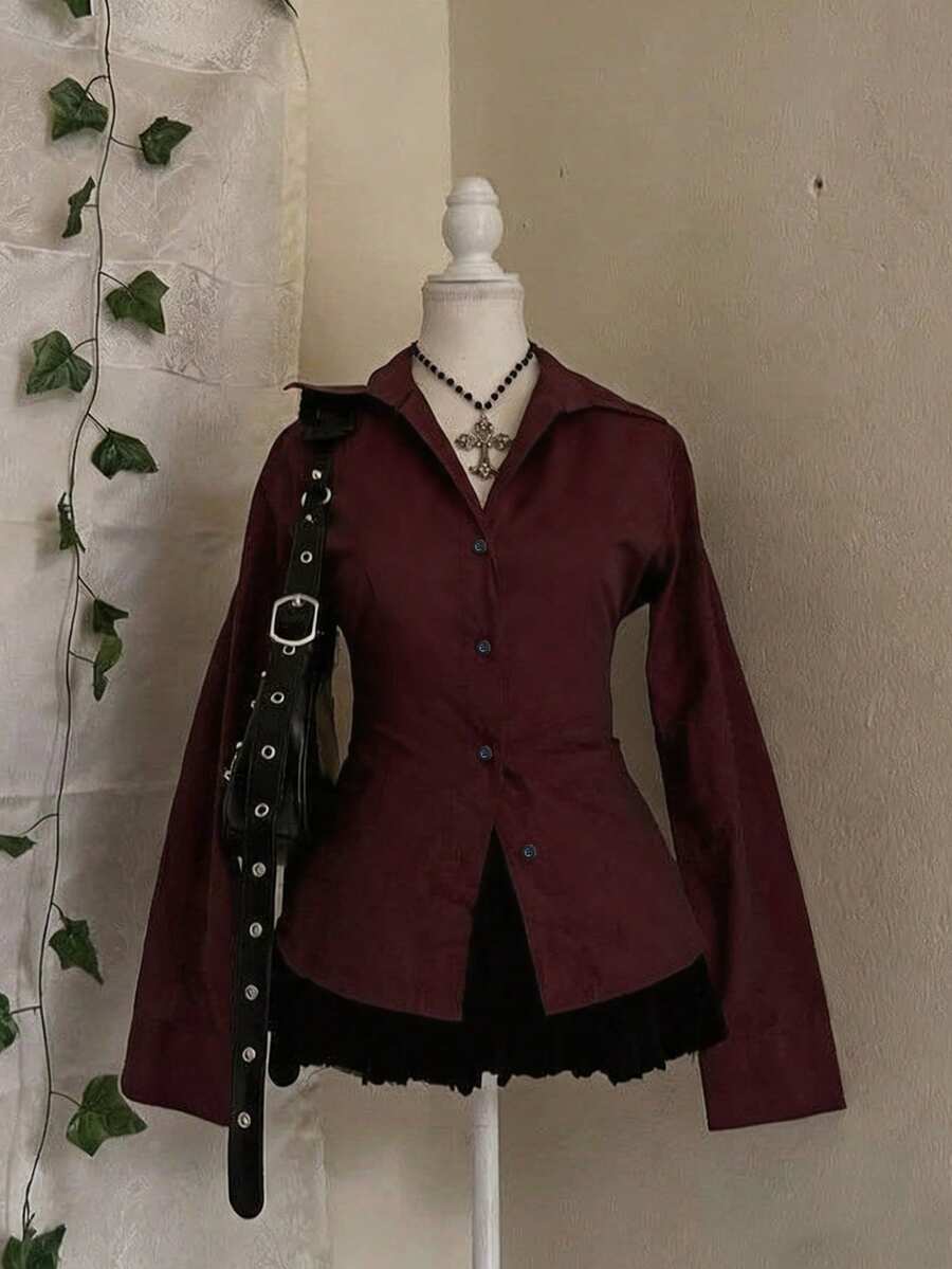 Women's Burgundy Long Sleeve Blouse, Pleated Design, Shirt Collar Woven Fabric, Fashionable Autumn Top - Burgundy - View 1