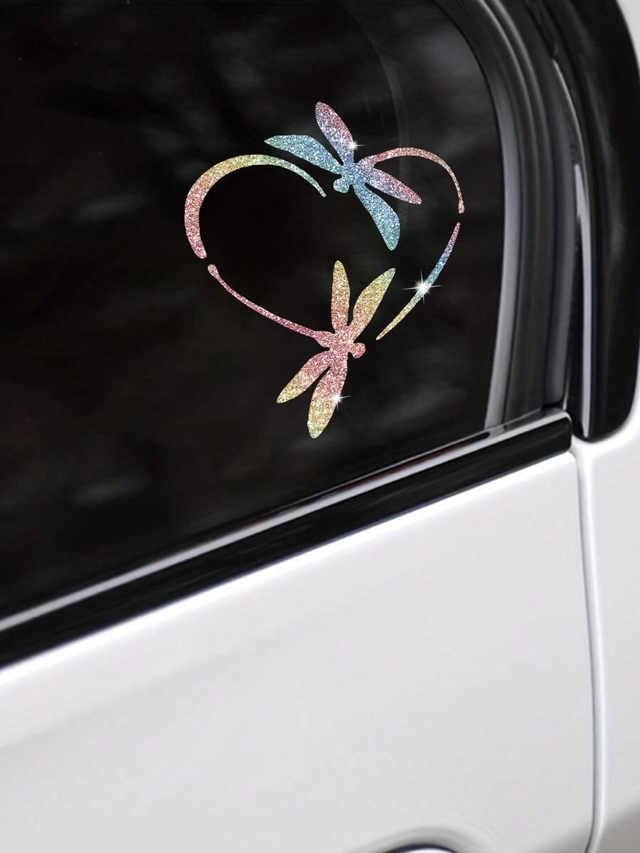 亮片蜻蜓愛心汽車車窗貼紙,優雅鏤空愛心蜻蜓圖案自黏式乙烯基貼花,時尚汽車車門與光滑車身裝飾配件 - 1pc - 查看 1