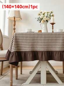 1pc Minimalist Pastoral Home Ruffle Trim Color Block Tablecloth, Brown & White Small Check Dust Cover, Washable & Reusable, Suitable For Dining Room, Kitchen, Banquet, Gathering, Homestay Decor, Holiday Party - Brown - View 10